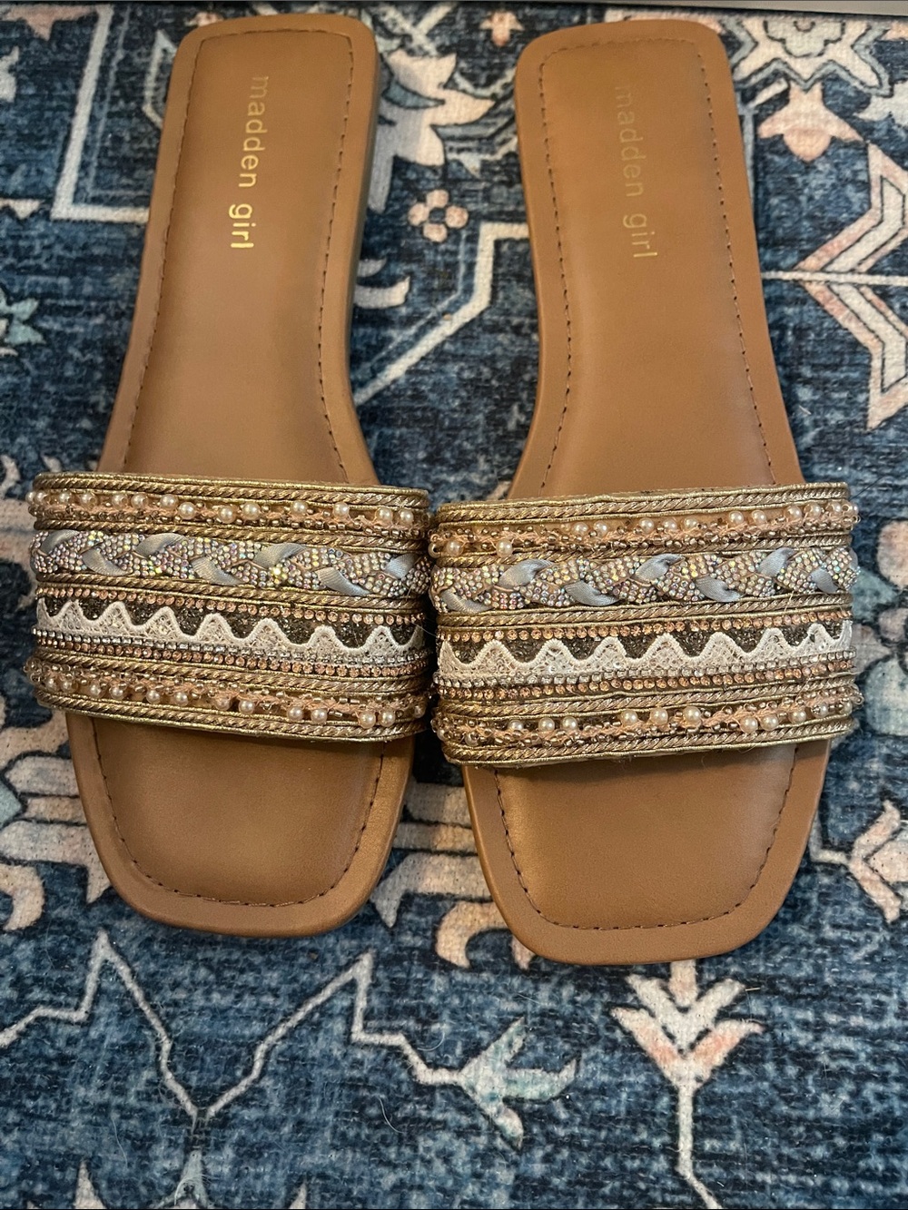Madden Girl Tan Beaded Slide Sandals with Gold Accents